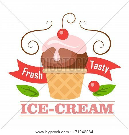 Fresh tasty ice-cream. Ball of ice cream in cone with one cherry. Crispy brown round waffle cup. Chocolate ice with pink flowering topping. Tasty confectionery. Cartoon design. Vector illustration