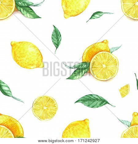 Hand drawn seamless pattern with ripe yellow lemons and leaves on the white background