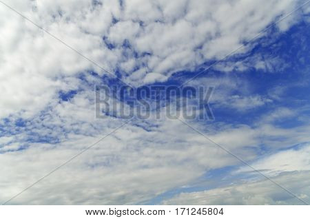 Blue and very cloudy sky background close