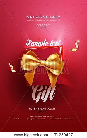 Red Festive flyer or poster. Top view on gift box and bow with beautiful backdrop. Vector illustration