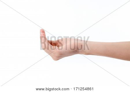 female hand outstretched to the side with bent hands isolated on white