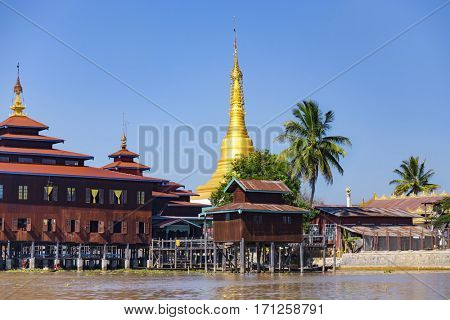Traditional wooden stilt houses at the Inle lake, Shan state, Myanmar (Burma).