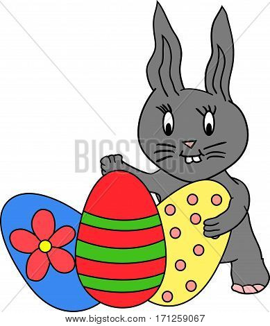 Grey bunny hiding behind tree colourful easter eggs