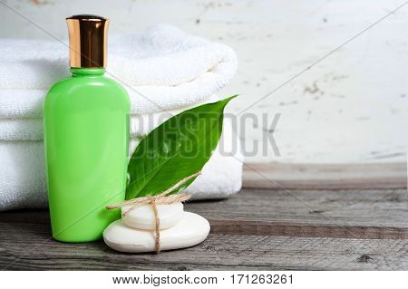 Bath Items. Soap, Towel, Liquid An Fresh Leaf