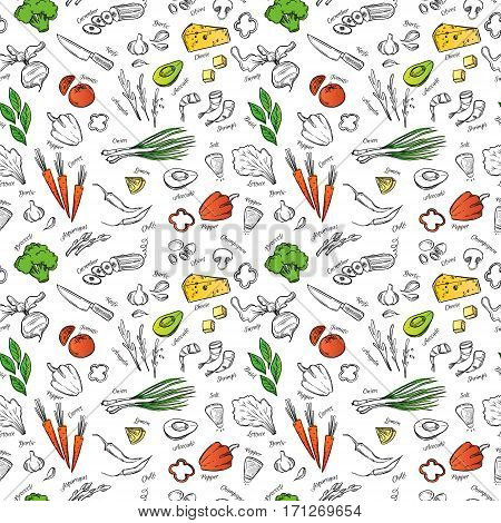 Hand Drawn Vectorseamless Pattern  With Vegetables, Cheese, Seafood Etc. Perfect For Restaurant Broc