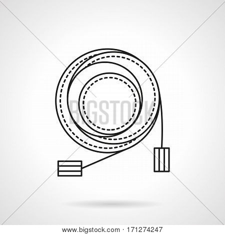 Abstract symbol of coiled microphone cable with connectors. Stage or studio sound equipment. Flat black line vector icon.