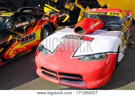 MOSCOW - SEP 3, 2016: Dragsters at Race of Stars At wheel Magazine with participation of best Russian riders at Moscow Raceway