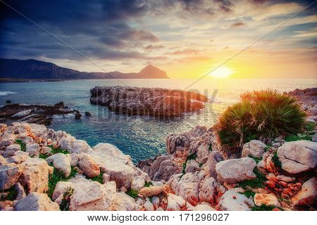 Spring panorama of sea coast city Trapany. Sicily Italy Europe
