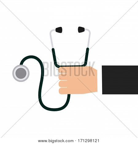 hand holding a sthetoscope over white background. first aid concept. colorful design. vector illustration