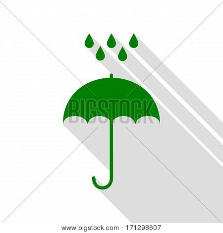 Umbrella with water drops. Rain protection symbol. Flat design style. Green icon with flat style shadow path.