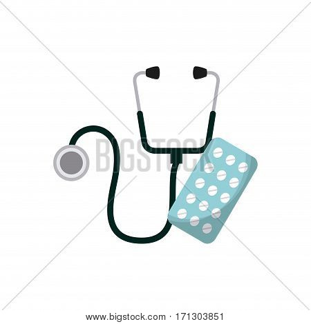 sthetoscope and medicine pills  over white background. colorful design. first aid concept. vector illustration