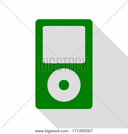 Portable music device. Green icon with flat style shadow path.