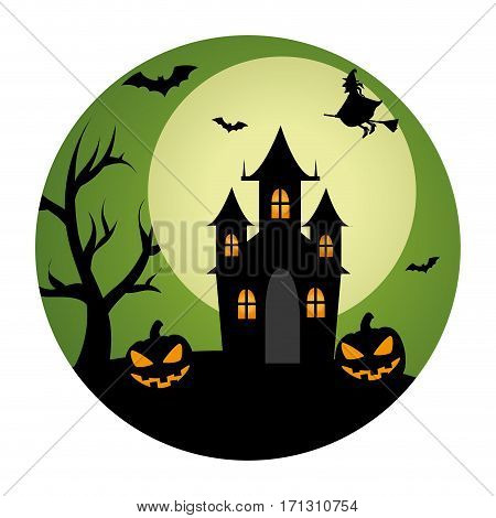 circular landscape of casttle in halloween night vector illustration