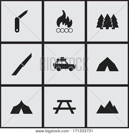 Set Of 9 Editable Trip Icons. Includes Symbols Such As Knife, Clasp-Knife, Peak And More. Can Be Used For Web, Mobile, UI And Infographic Design.