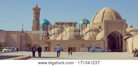 BUKHARA UZBEKISTAN - March 19 2016: Panoramic view of the city. Domed bazaar - Telpak Furushon Trading marketplace