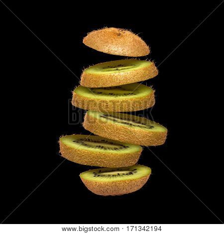 Flying kiwi. Sliced kiwi isolated on black background. Levity fruit floating in the air