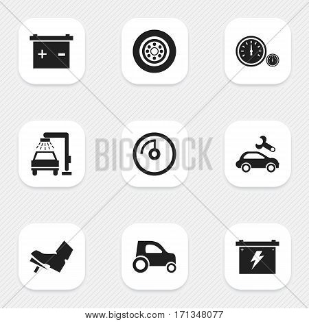 Set Of 9 Editable Car Icons. Includes Symbols Such As Treadle, Vehicle Car, Accumulator And More. Can Be Used For Web, Mobile, UI And Infographic Design.