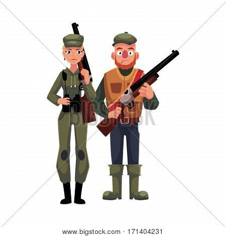Two hunters, male and female, standing and holding rifles, cartoon vector illustration isolated on white background. Full length portrait of slim woman hunter in khaki clothing and man in hunting vest