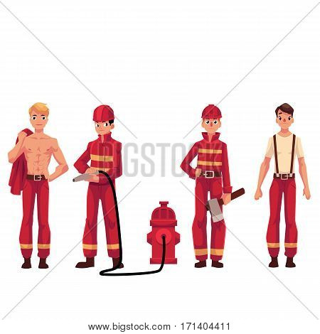 Set of firefighters in red uniform, protective suit with axe, fire hose, naked torso, cartoon vector illustration isolated on white background. Young handsome firefighter, fireman set
