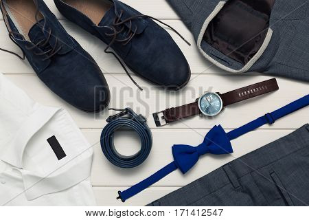 collection of men's fashion clothes and accessories. top view