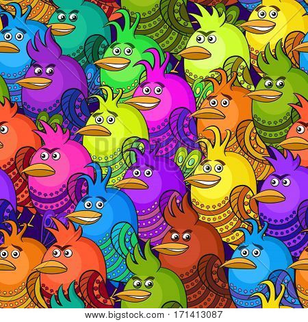 Seamless Background with Funny Colorful Birds, Cute Cartoon Characters of Different Colors and Moods, Sad, Angry, Cheerful and Insidious, Tile Pattern for your Design. Vector