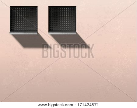 Minimalism style architecture background. Abstract wall with windows. Jail windows illustration. Building wall vector image. Grunge facade. Home guard. House wall front view.