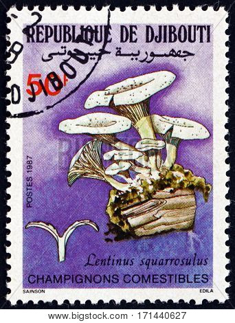 DJIBOUTI - CIRCA 1987: a stamp printed in the Djibouti shows lentinus squarrosulus mushroom circa 1987