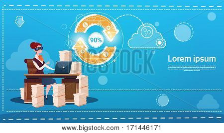 Business Woman Wear Digital Virtual Reality Glasses Sitting Desk Office Working Place Laptop Typing Flat Vector Illustration
