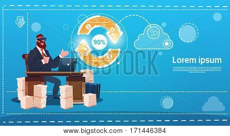 Business Man Wear Digital Virtual Reality Glasses Sitting Desk Office Working Place Laptop Typing Flat Vector Illustration