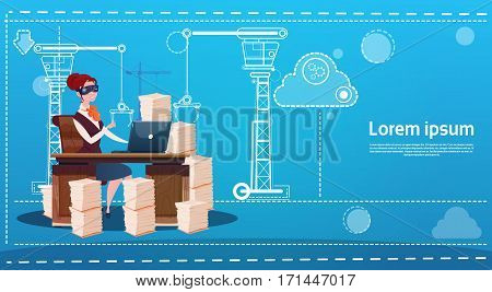 Business Woman Wear Digital Virtual Reality Glasses Sitting Desk Office Working Place Laptop Typing Flat Vector Illustration