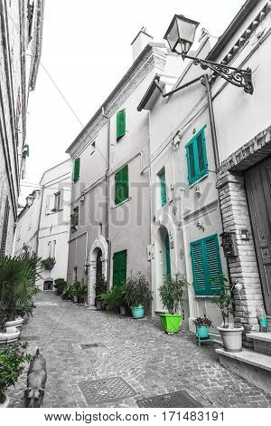 Panoramic black and white view from an alley in Grottammare, Marche, Italy