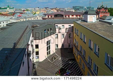 MOSCOW/ RUSSIA - APRIL 30. Aerial view of the center of Moscow with the courtyard of the business center Vienna House in the foreground of the panorama on April 30, 2014. Russia.