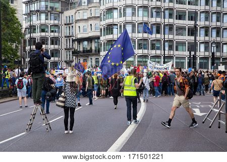 LONDON - July 2nd: Protesters at the march for europe protest on July the 2nd 2016 in London england uk. An estimated 35 thousand attended the march.