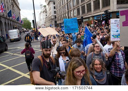 LONDON - July 2nd: Protesters at the march for europe protest on July the 2nd 2016 in London england uk. An estimated 35 thousand attended the march.