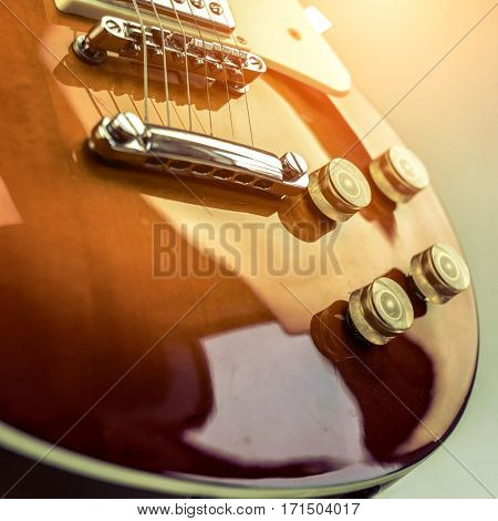 Rock guitar. Close-up view part of guitar, very popular musical instrument of the world.