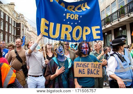 LONDON - July 2nd: Protesters at the march for europe protest on July the 2nd 2016 in London england uk. An estimated 35 thousand attended the march.