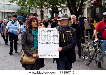 LONDON - July 2nd: Protesters at the march for europe protest on July the 2nd 2016 in London england uk. An estimated 35 thousand attended the march.