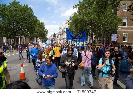 LONDON - July 2nd: Protesters at the march for europe protest on July the 2nd 2016 in London england uk. An estimated 35 thousand attended the march.