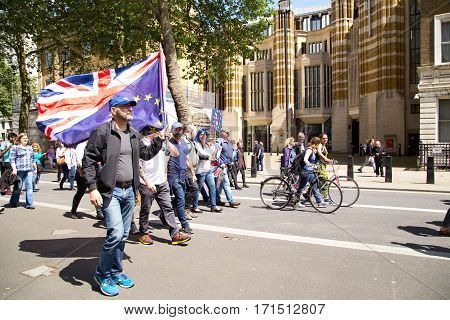 LONDON - July 2nd: Protesters at the march for europe protest on July the 2nd 2016 in London england uk. An estimated 35 thousand attended the march.