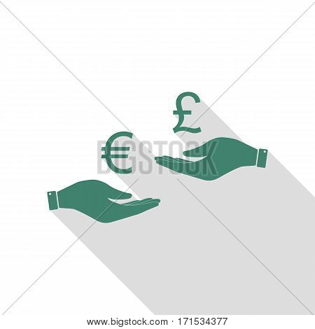 Currency exchange from hand to hand. Euro and Puond. Veridian icon with flat style shadow path.