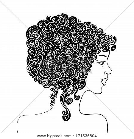 Silhouette of a beautiful woman with curly hair. Monochrome abstract ornamental fashion illustration. Hand drawing doodle vector picture.