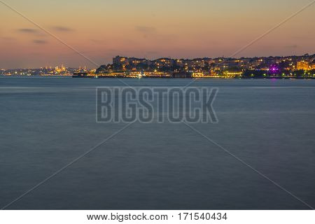 Night shot of part of Bosphorus Istanbul. Photo taken using long exposure. City light after the marmara sea.