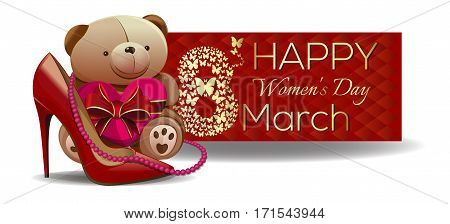 Red banner for International Women's Day. Cute Teddy bear wit pink heart. March 8. Womens holiday. Cute greeting card for women and girls. Vector illustration