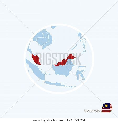 Map Icon Of Malaysia. Blue Map Of Asia With Highlighted Malaysia In Red Color.