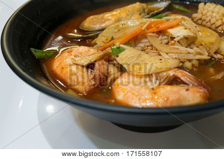 Closeup Jjamppong Or Jjampong (korean Spicy Seafood Noodle Soup)