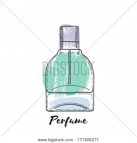 Perfume bottle hand drawn painted vector illustration. Eau de parfum. Eau de toilette. Brush stroke background.