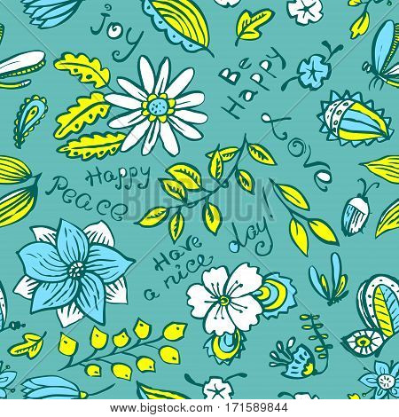 Vector floral seamless pattern with butterfly and dragonfly in doodle line art style. Hand drawn artistic ink illustration with insects and flowers. Design element for backgrounds and textile wrapping and backdrops