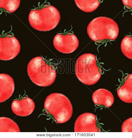 Hand drawn seamless repeated pattern with watercolor ripe red tomatoes on the black background