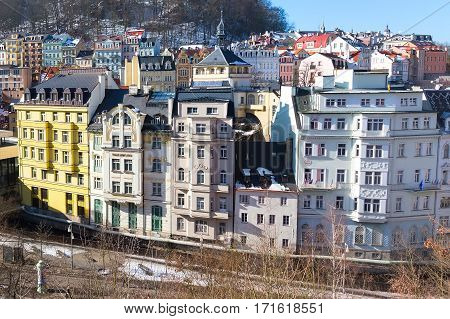 Karlovy Vary aerial panoramic town view, Czekh Republic