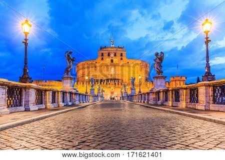 Rome Italy. Saint Angelo bridge (Ponte Sant'Angelo) at twilight.